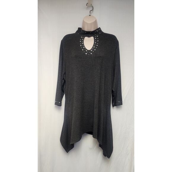 Belldini Stretch Embellished 3/4 Sleeves Tunic Gray Top Blouse Hanky Hem 2X - Picture 3 of 10